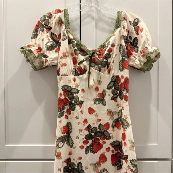 Cider Strawberry Floral Lace Trim Bow Midi Dress Fairy Cottagecore Coquette NEW! - Picture 8 of 16